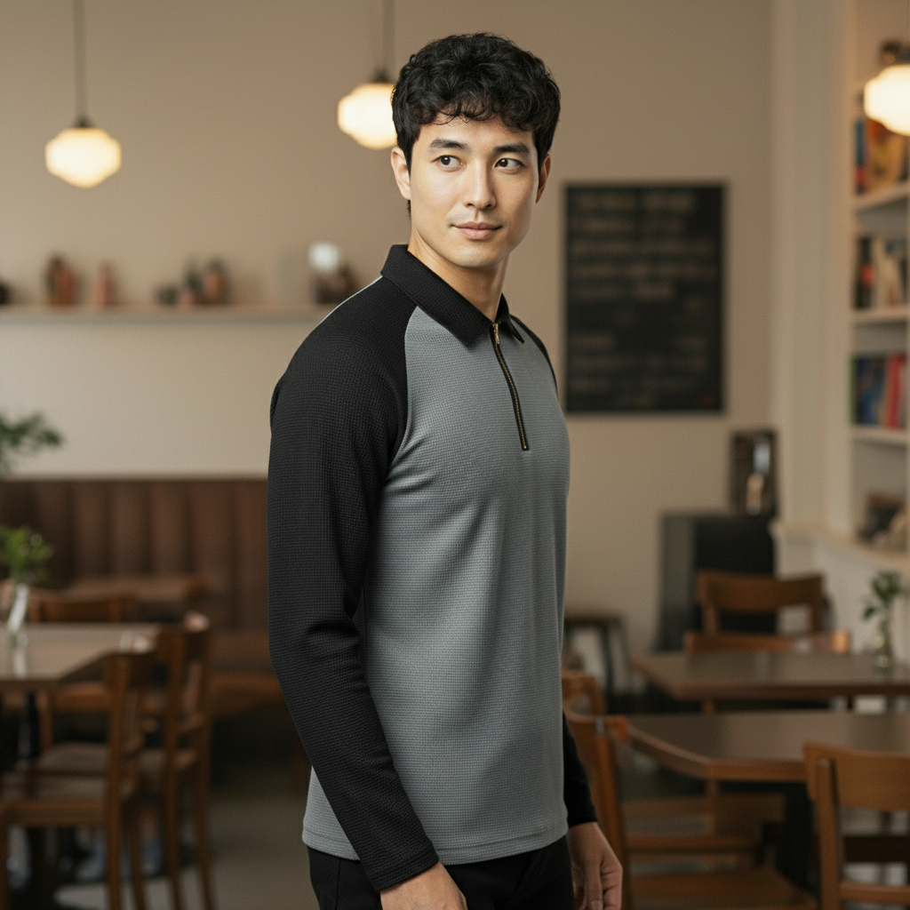 Men’s Black & Dark Gray Waffle Knit Quarter-Zip Long Sleeve Polo T-shirt