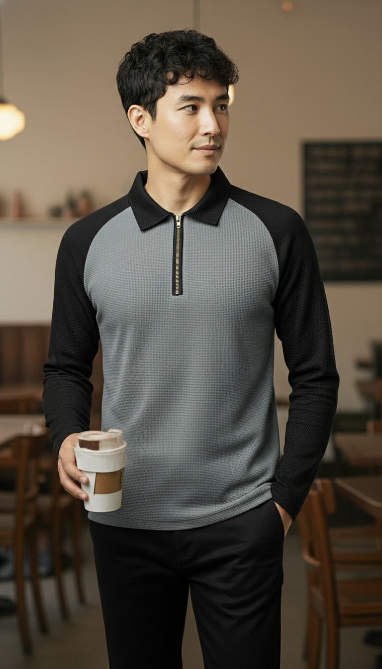 Men’s Black & Dark Gray Waffle Knit Quarter-Zip Long Sleeve Polo T-shirt