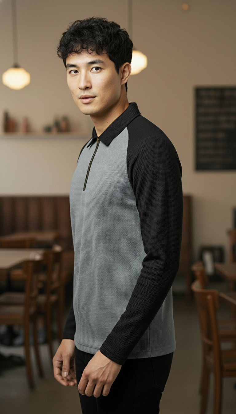 Men’s Black & Dark Gray Waffle Knit Quarter-Zip Long Sleeve Polo T-shirt