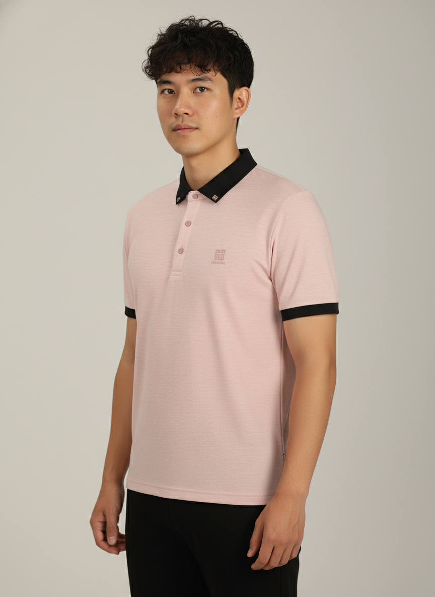 Men’s Dusty Pink Premium Stretch Polo with Contrast Ribbed Collar T-Shirt
