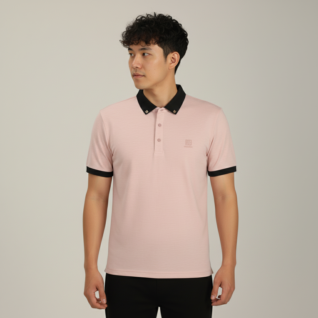 Men’s Dusty Pink Premium Stretch Polo with Contrast Ribbed Collar T-Shirt