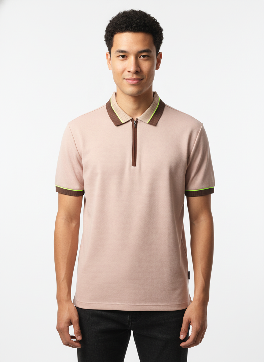 Men's Dusty Pink Textured Zip-Polo T-Shirt with Neon Collar Accent