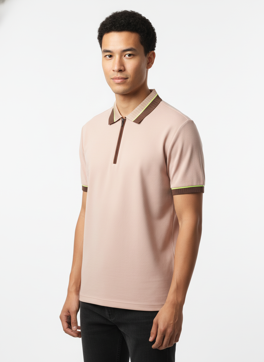 Men's Dusty Pink Textured Zip-Polo T-Shirt with Neon Collar Accent