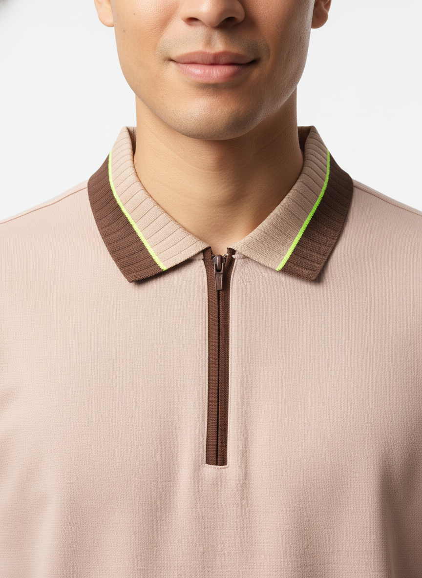 Men's Dusty Pink Textured Zip-Polo T-Shirt with Neon Collar Accent