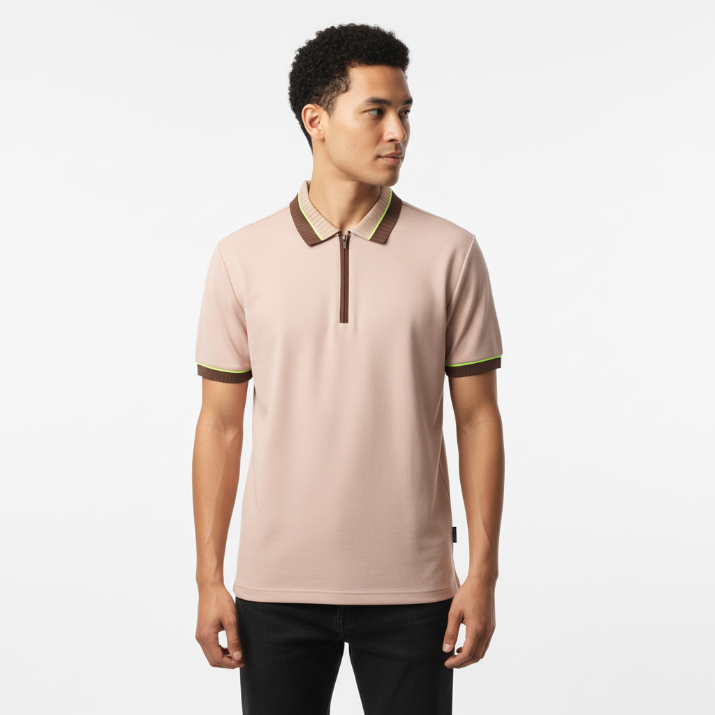 Men's Dusty Pink Textured Zip-Polo T-Shirt with Neon Collar Accent