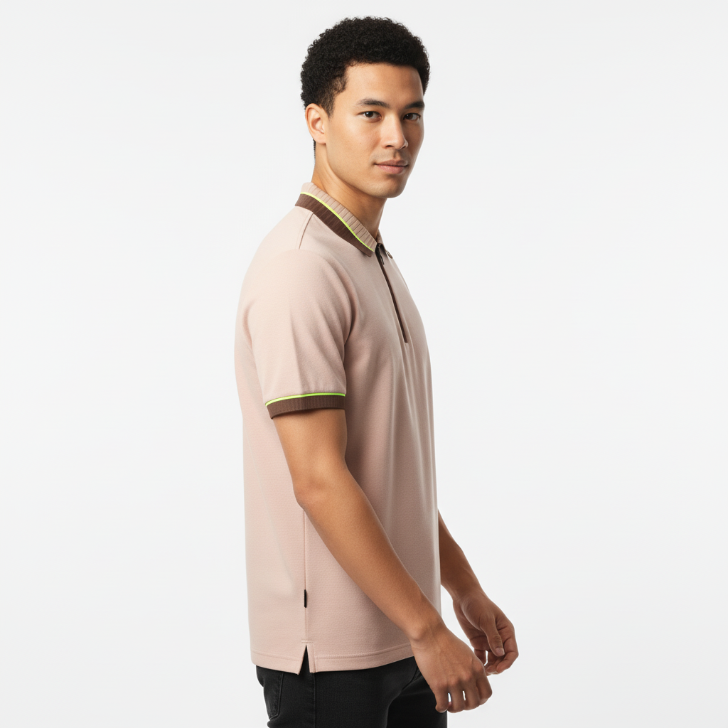Men's Dusty Pink Textured Zip-Polo T-Shirt with Neon Collar Accent