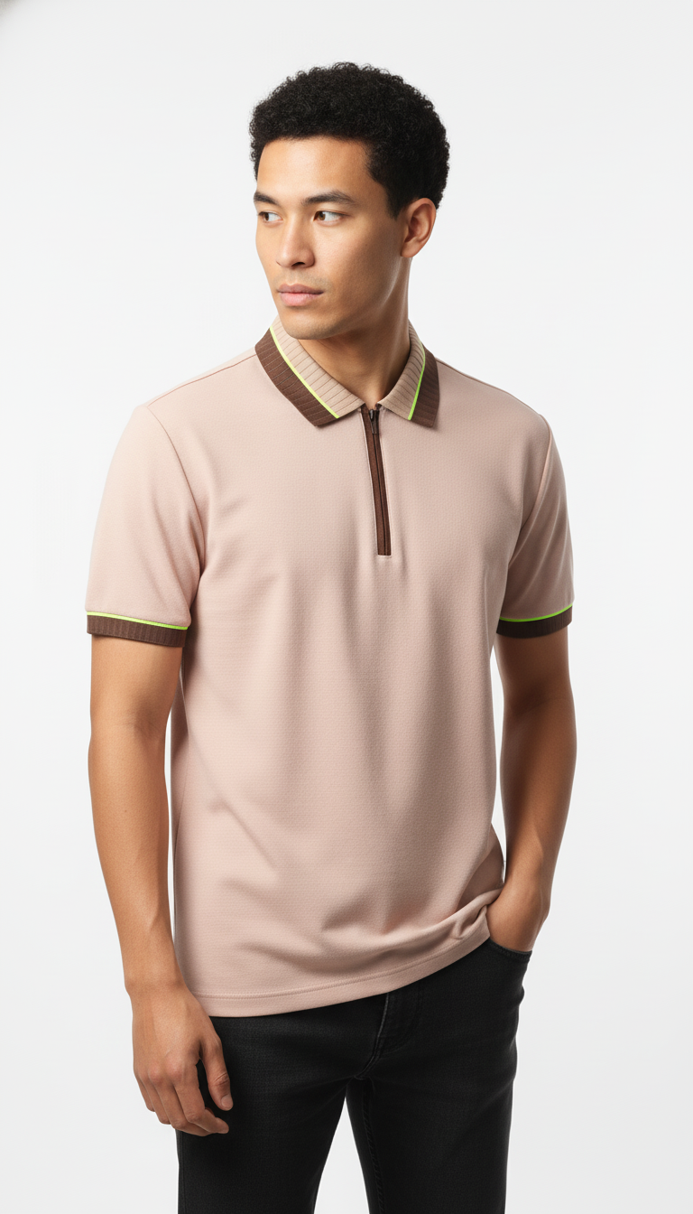 Men's Dusty Pink Textured Zip-Polo T-Shirt with Neon Collar Accent