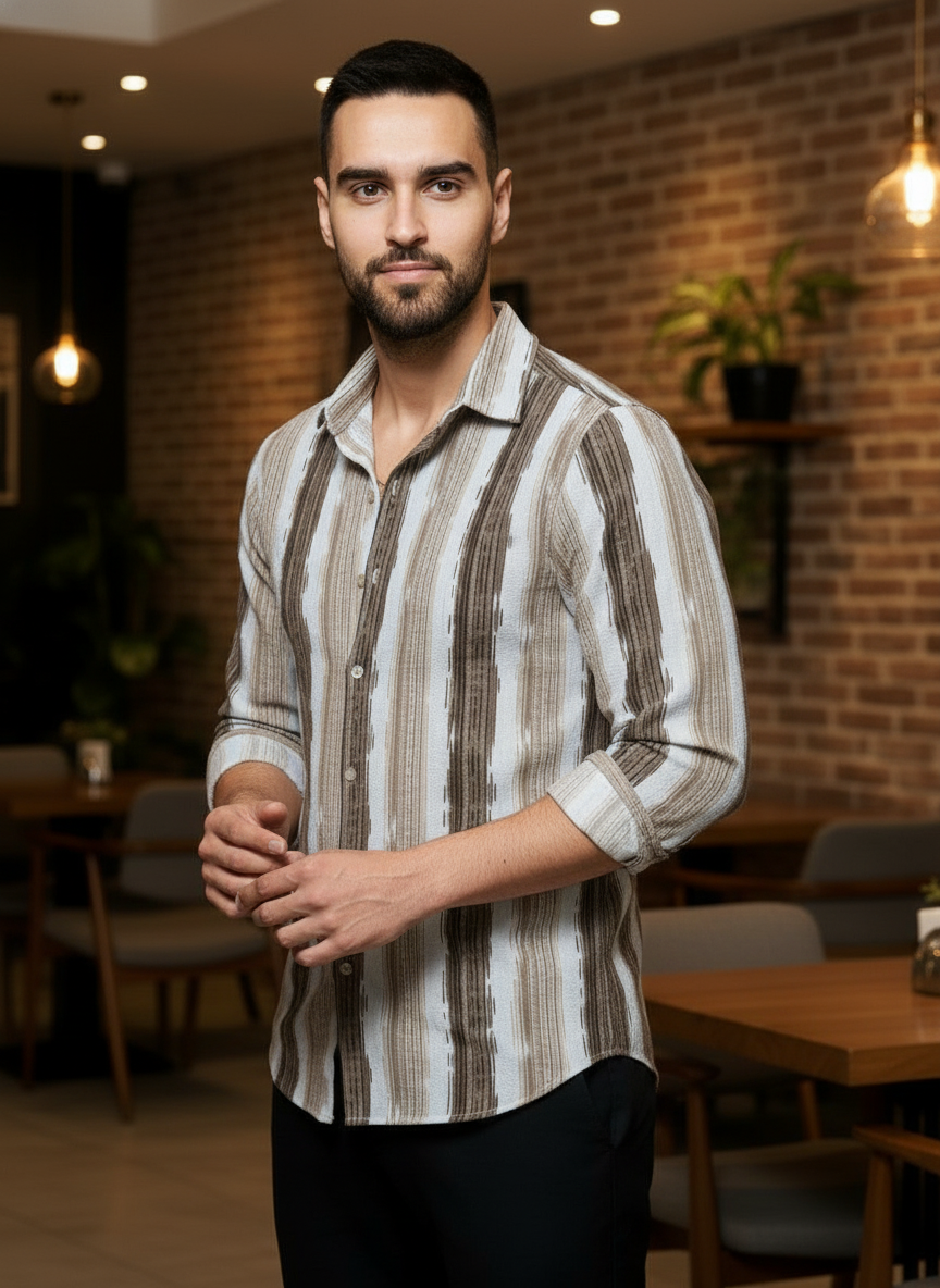 Men's Earth Brown Abstract Stripe Winkle Ribbed Shirt