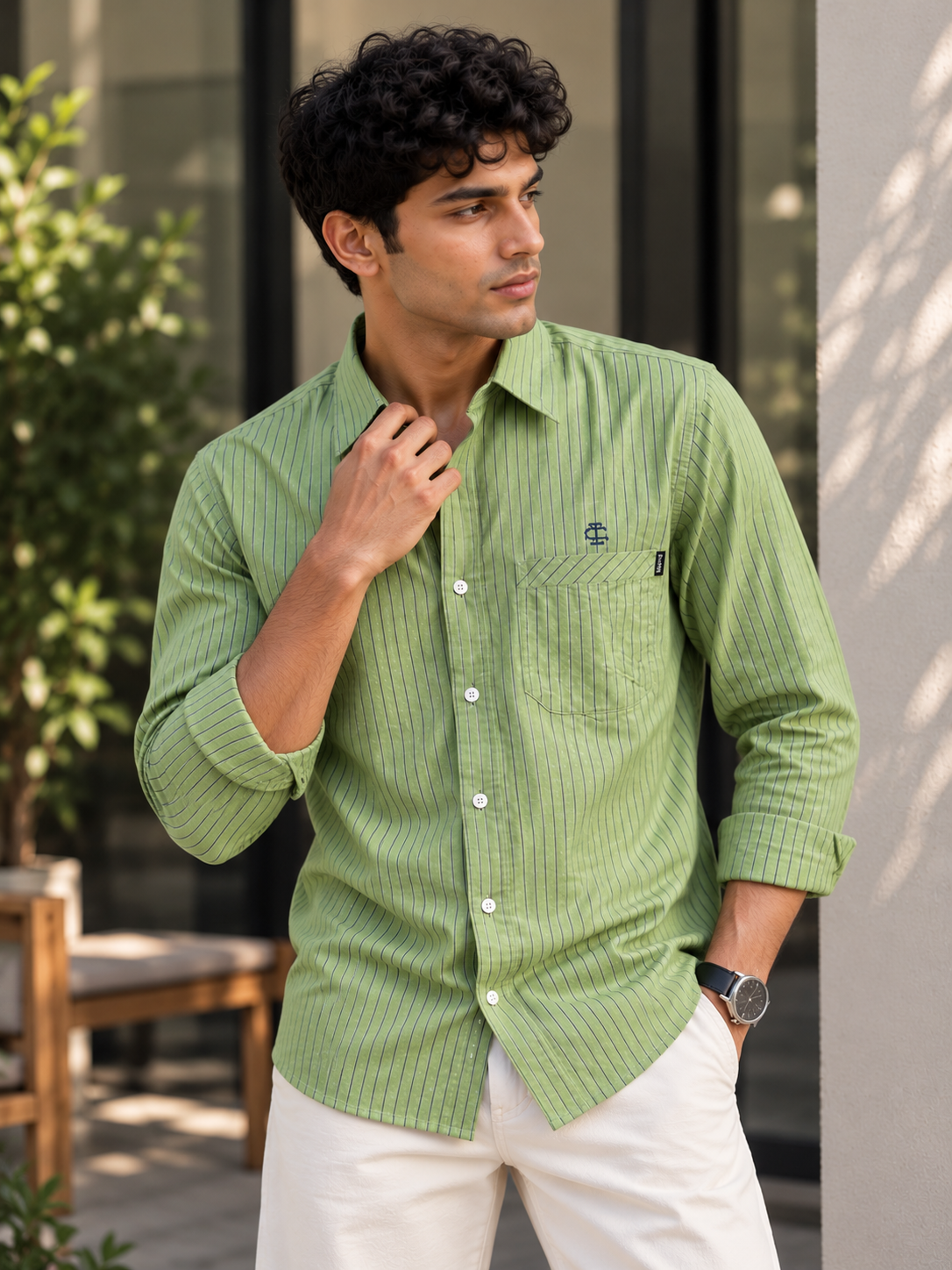 Men’s Striped Casual Shirt – Sage Green