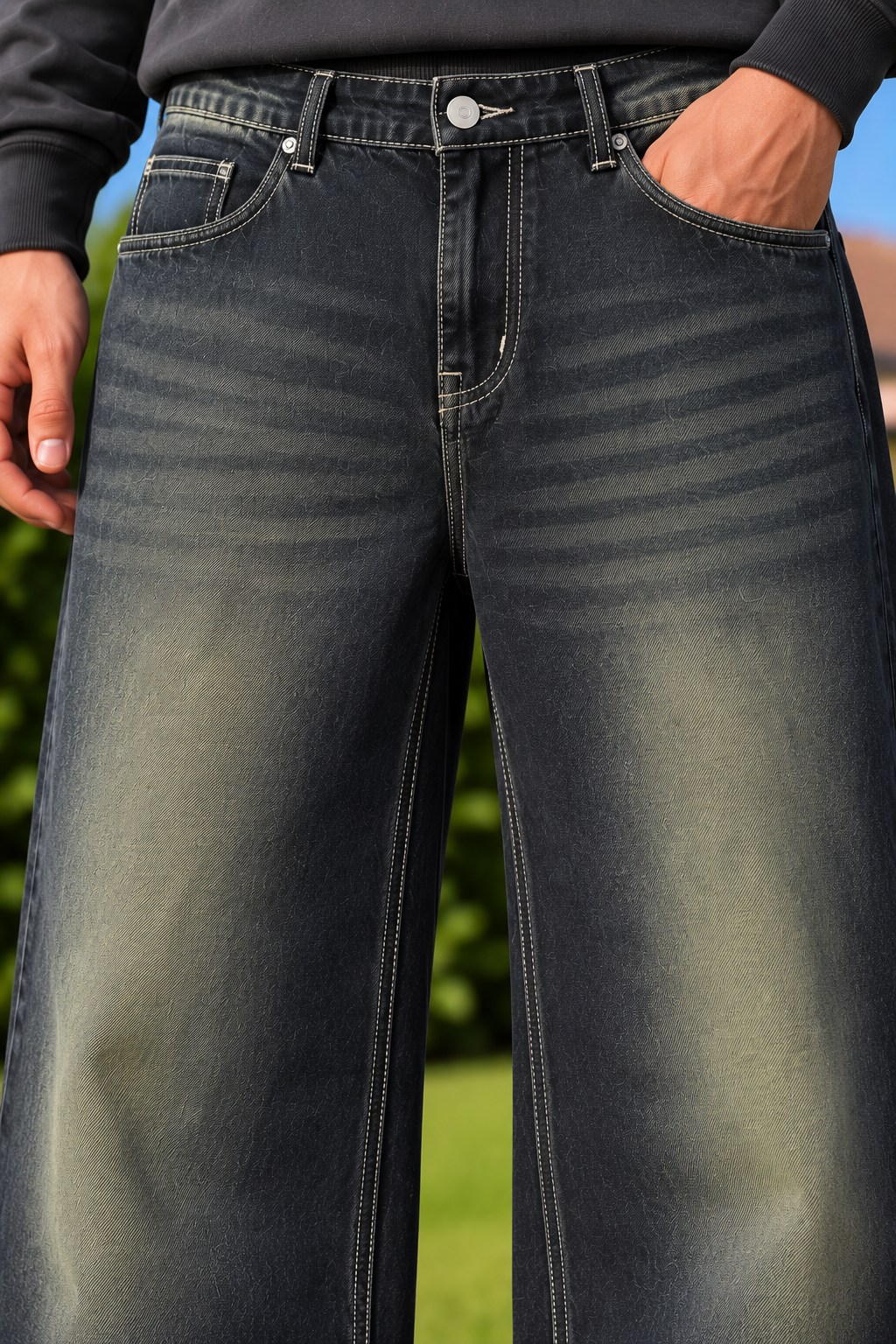 Men's Straight Fit Faded Denim Jeans - Black Yellow