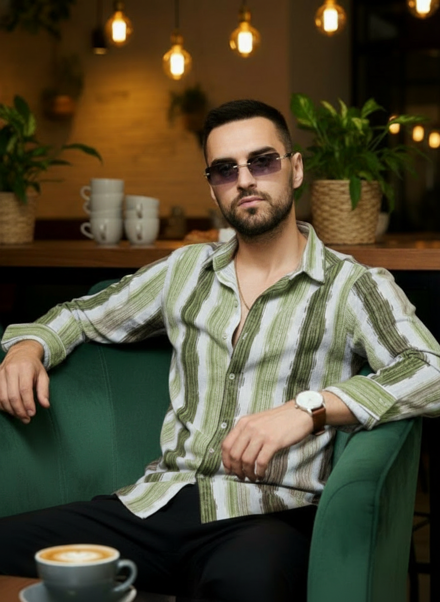 Men's Fresh Green Abstract Stripe Winkle Ribbed Shirt