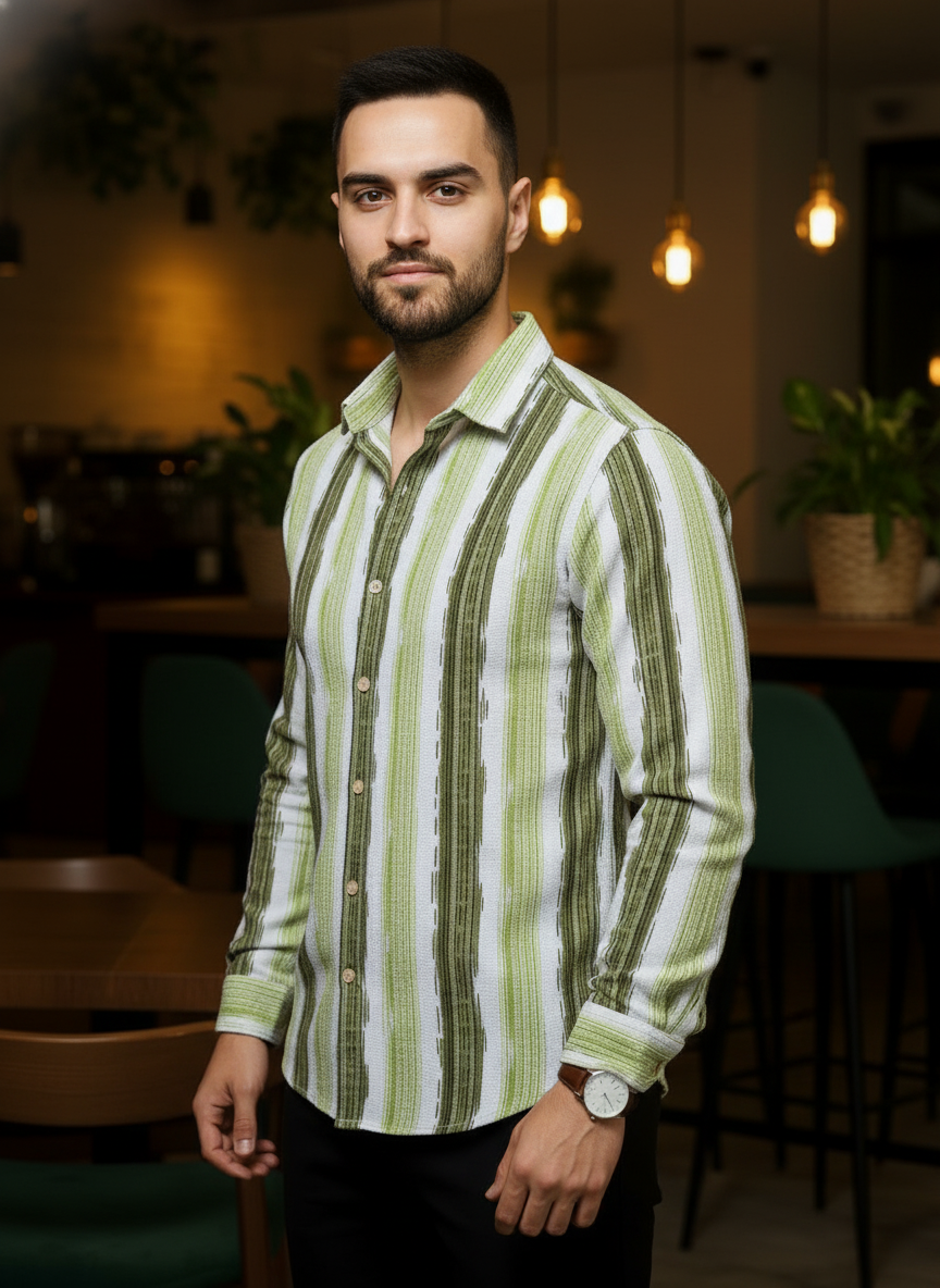 Men's Fresh Green Abstract Stripe Winkle Ribbed Shirt