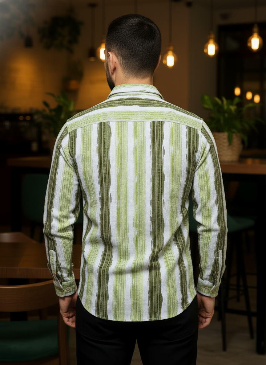 Men's Fresh Green Abstract Stripe Winkle Ribbed Shirt