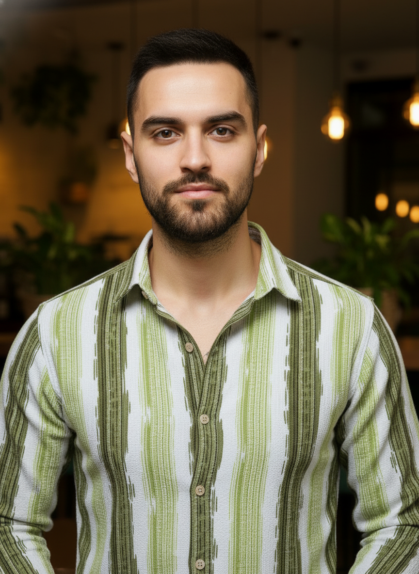 Men's Fresh Green Abstract Stripe Winkle Ribbed Shirt