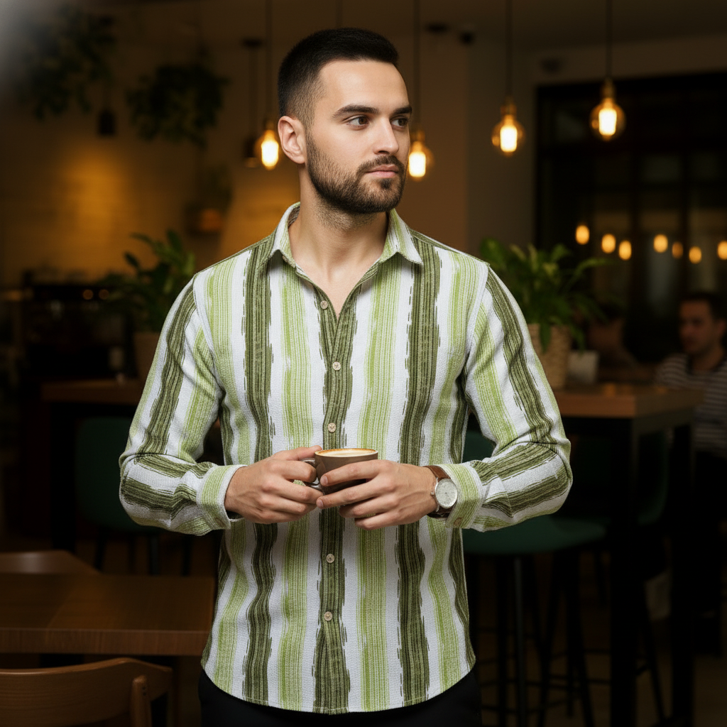 Men's Fresh Green Abstract Stripe Winkle Ribbed Shirt