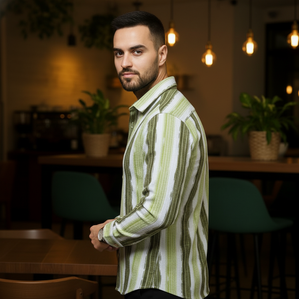 Men's Fresh Green Abstract Stripe Winkle Ribbed Shirt