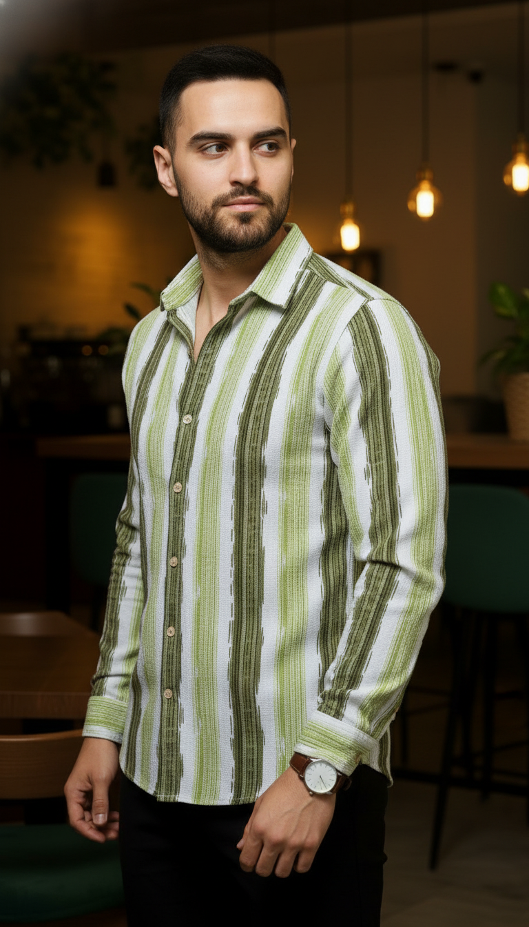 Men's Fresh Green Abstract Stripe Winkle Ribbed Shirt