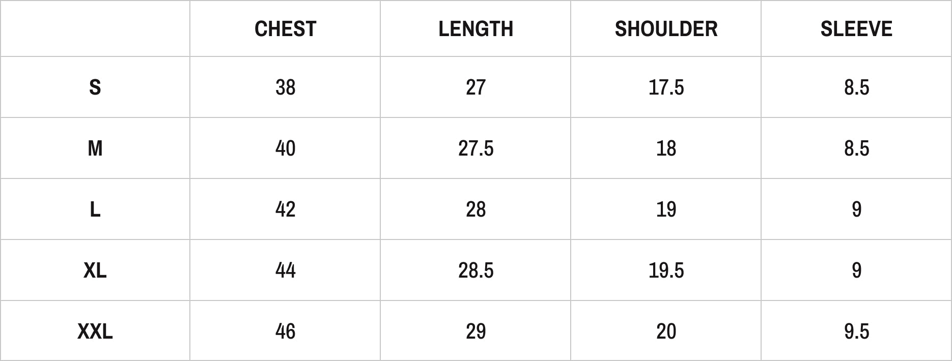 Digital Soft Shear Half Sleeve Shirt Size Chart