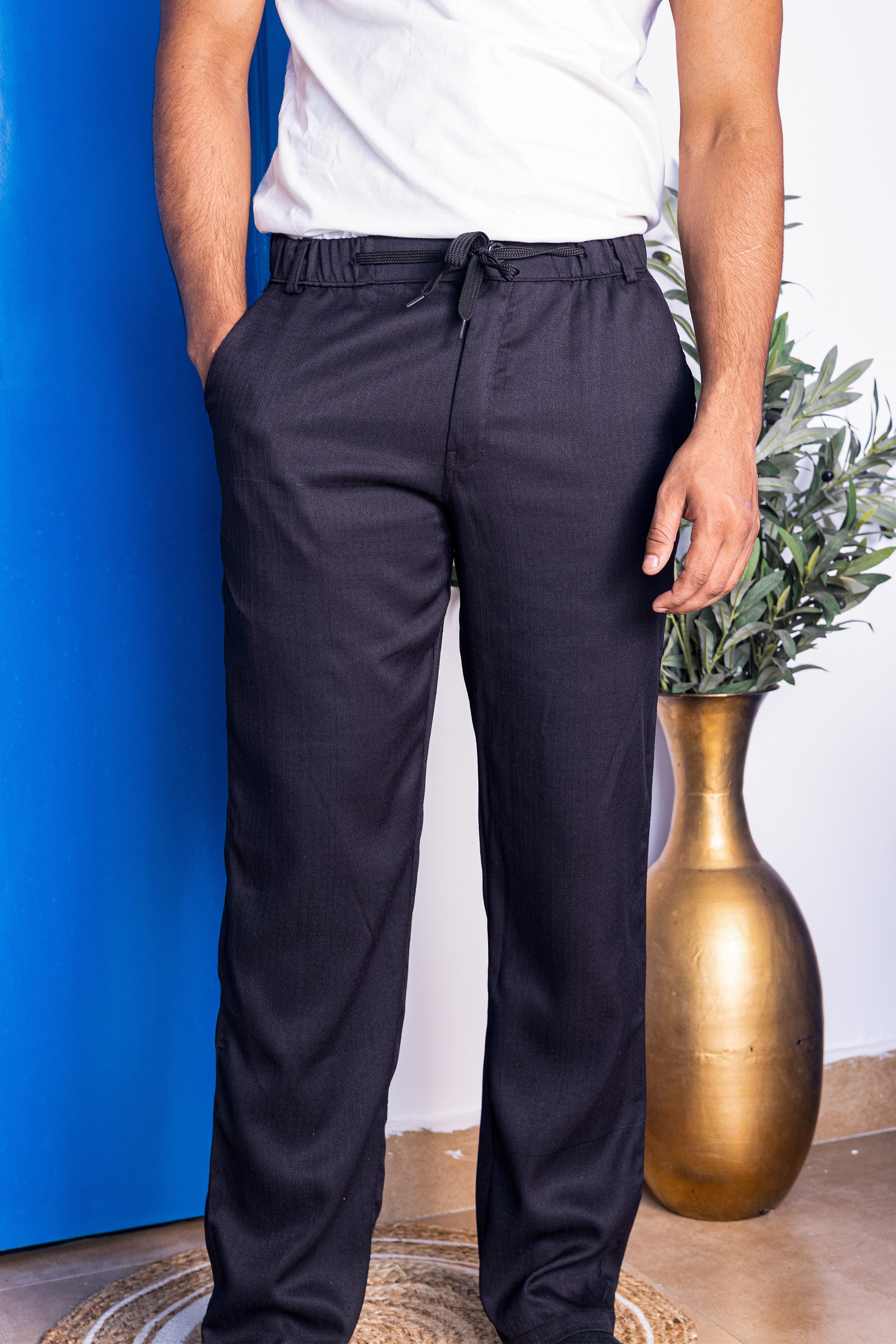 Men's Classic Black Casual Slub Drawstring Pants
