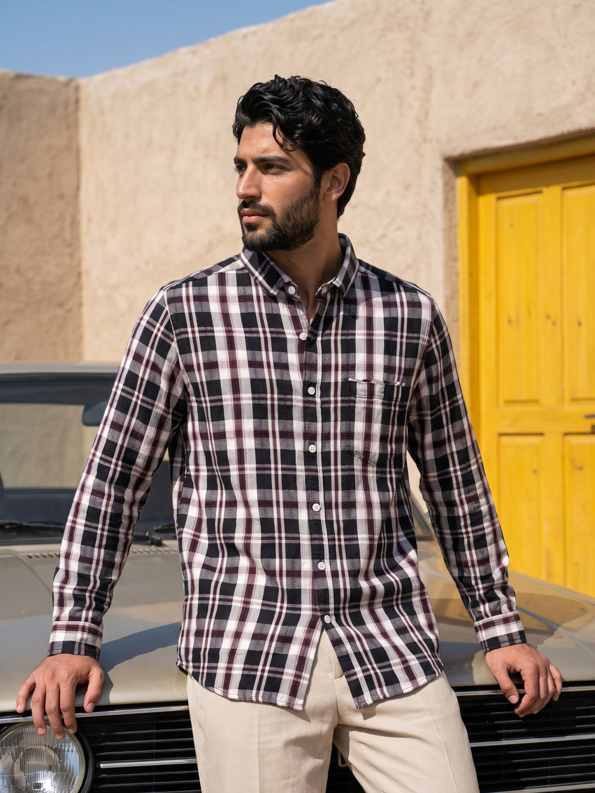 Men's Black Plaid Checked Casual Shirt