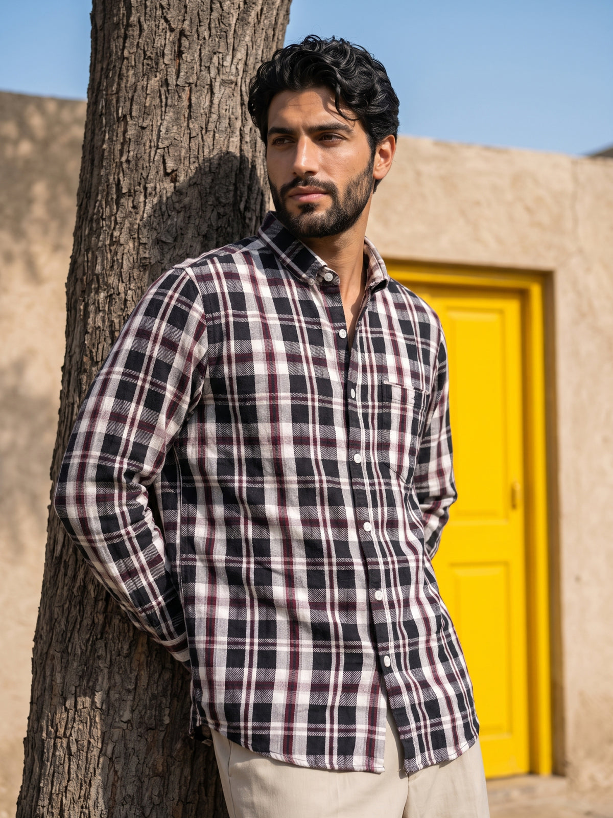 Men's Black Plaid Checked Casual Shirt