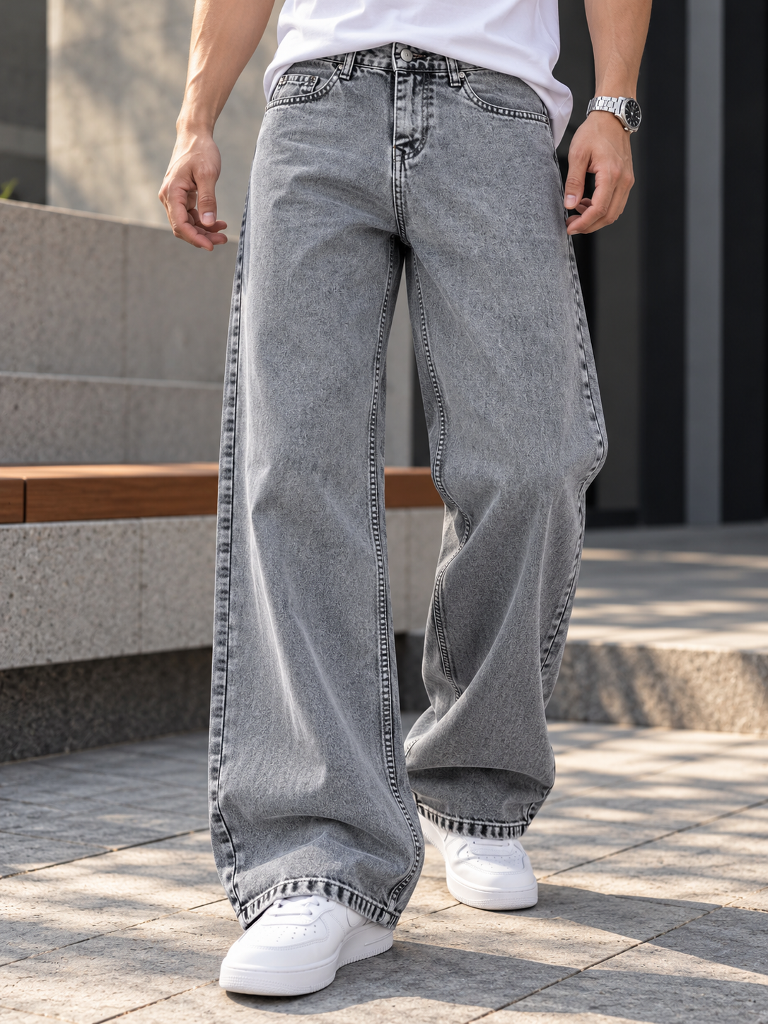 Men's Grey Wide Leg Loose Fit Baggy Jeans