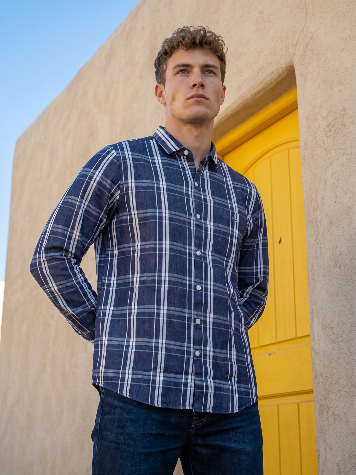 Men's Blue Grid Check Casual Shirt