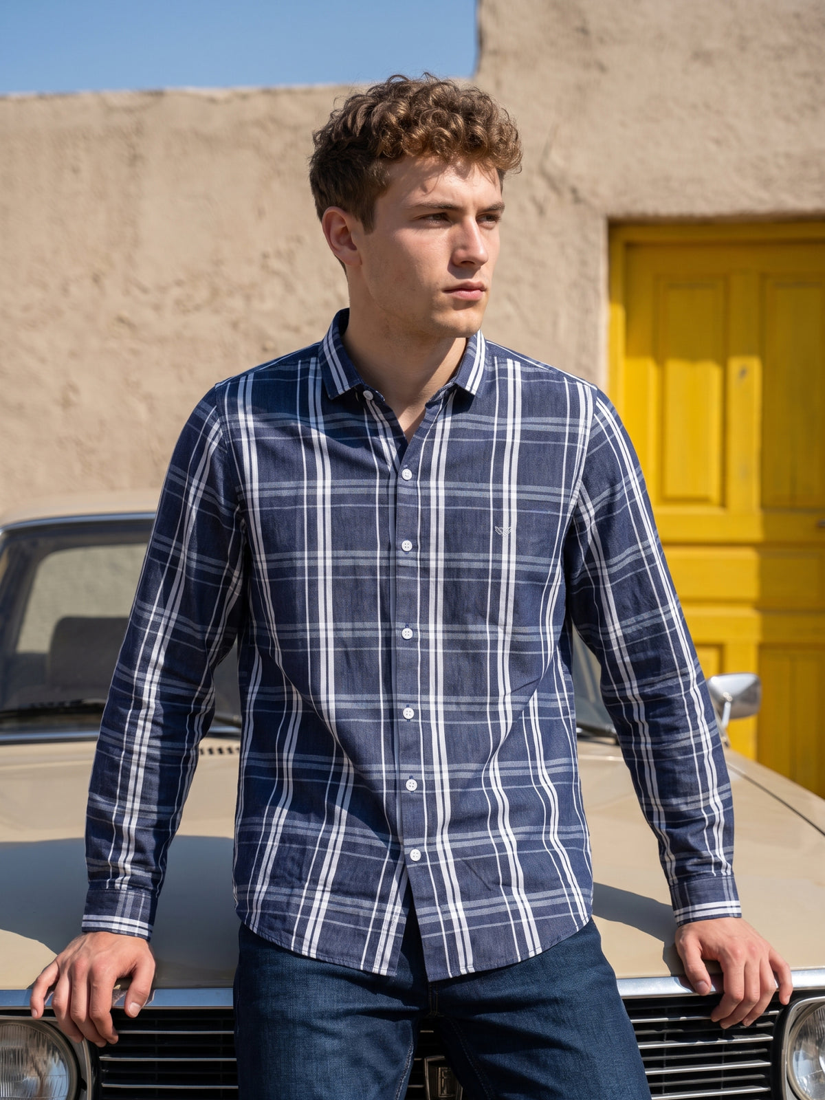 Men's Blue Grid Check Casual Shirt