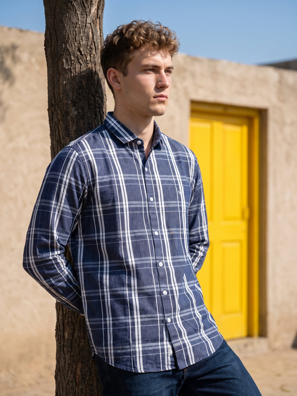 Men's Blue Grid Check Casual Shirt