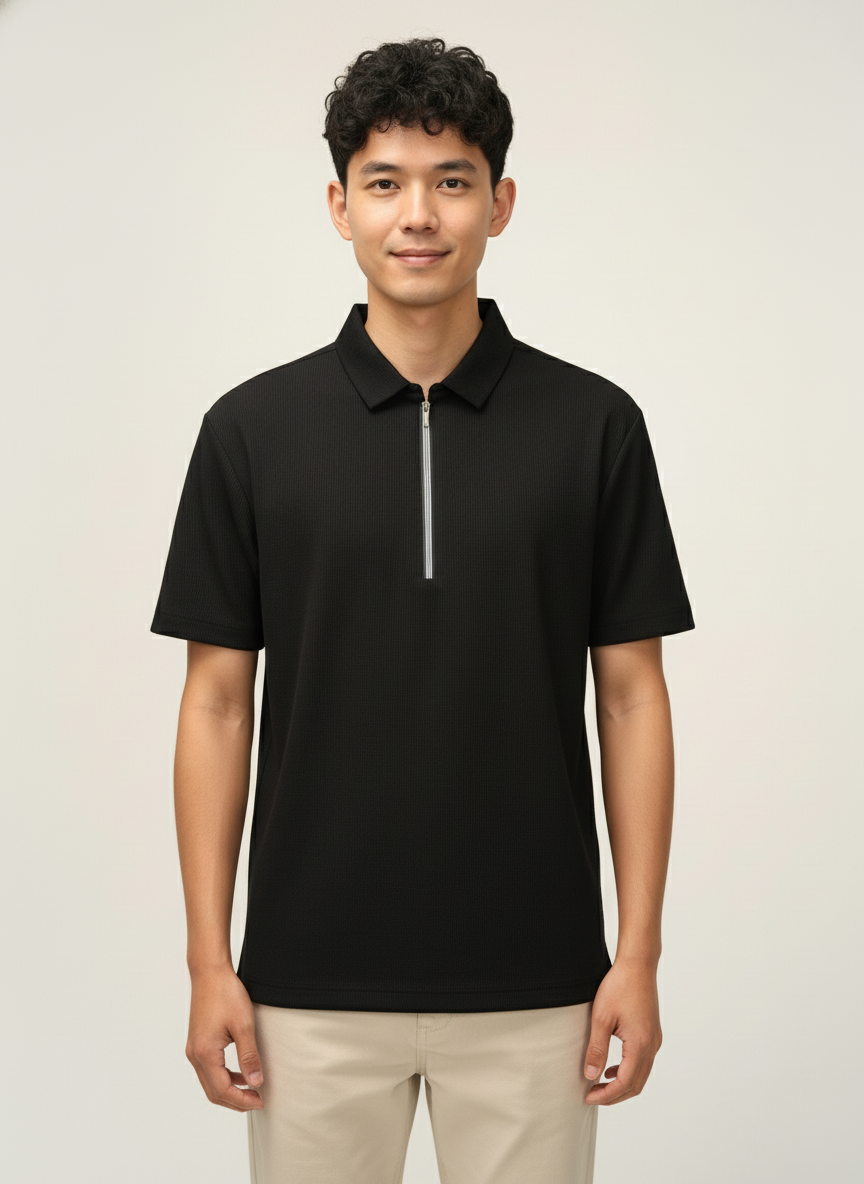 Men’s Jet Black Textured Ribbed Zip Polo T-Shirt