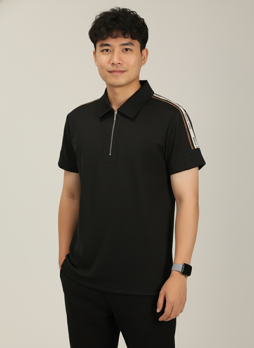 Men's Jet Black Premium Shoulder-Stripe Zip Polo T-Shirt