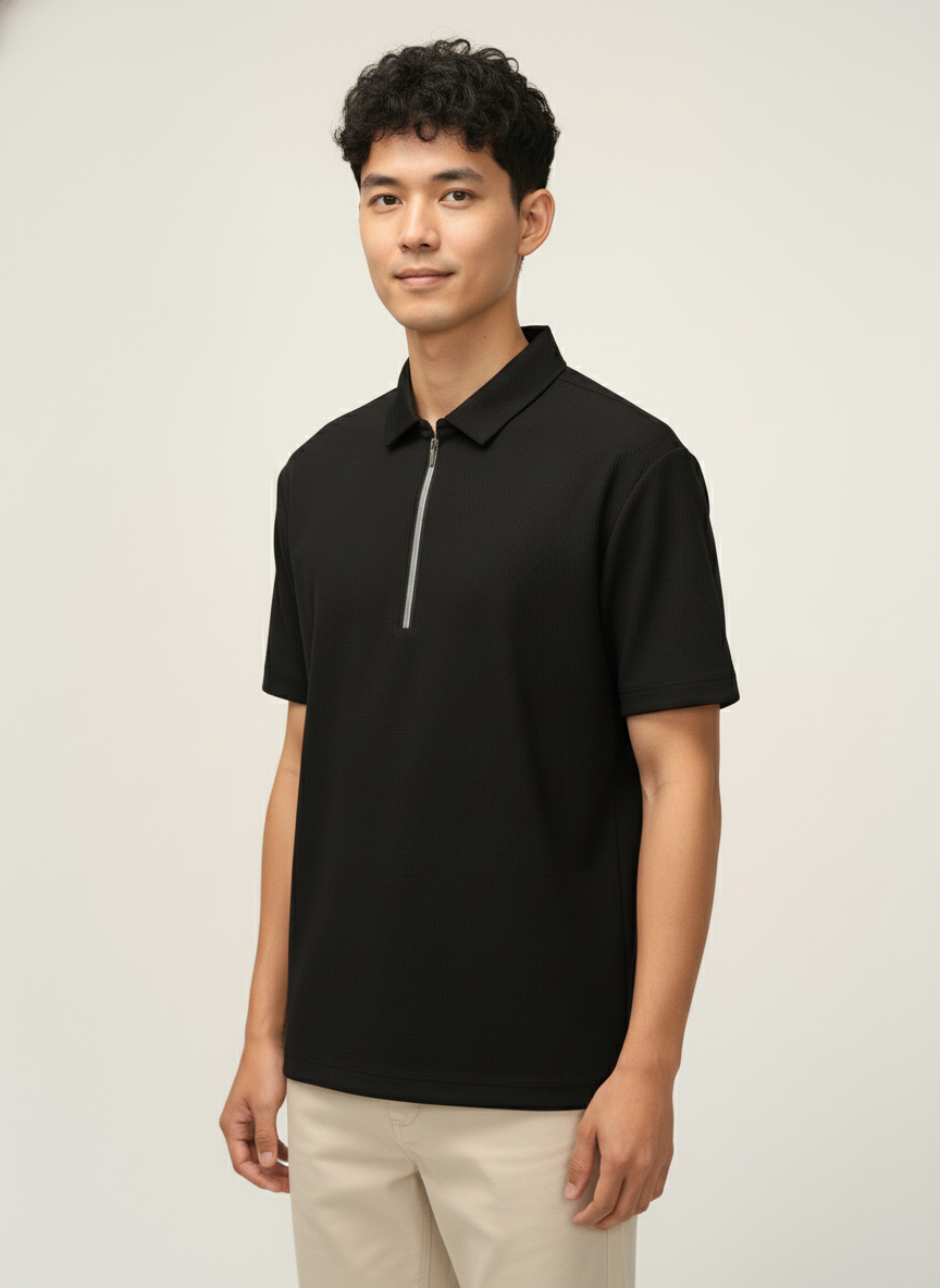 Men’s Jet Black Textured Ribbed Zip Polo T-Shirt