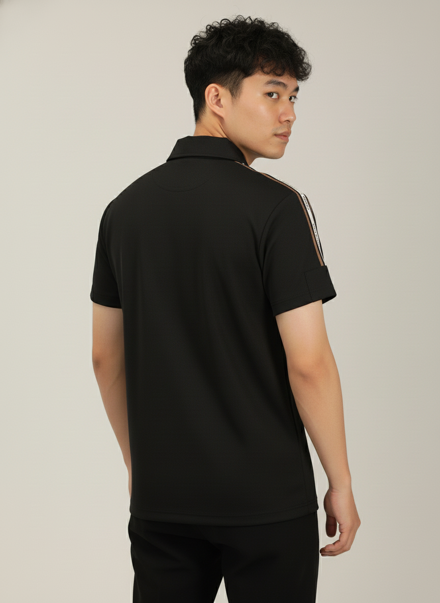 Men's Jet Black Premium Shoulder-Stripe Zip Polo T-Shirt