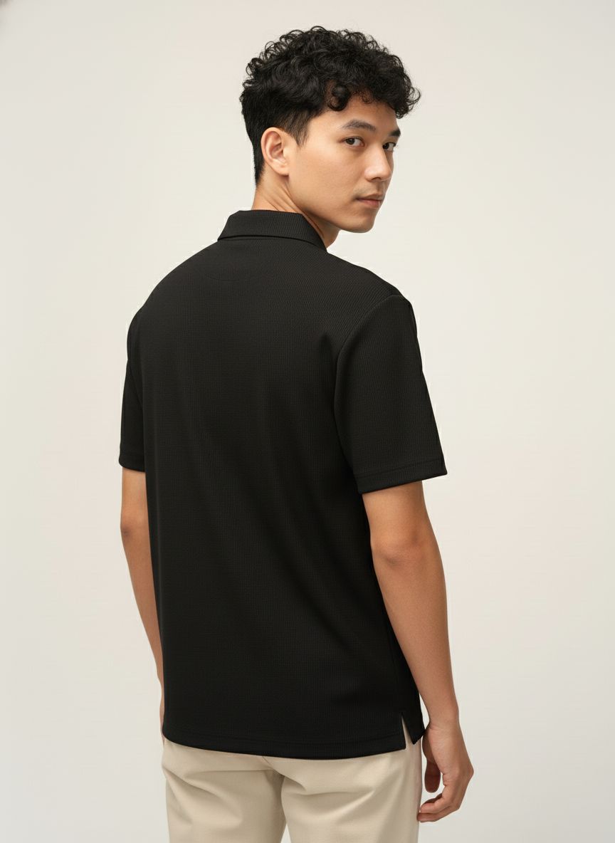 Men’s Jet Black Textured Ribbed Zip Polo T-Shirt