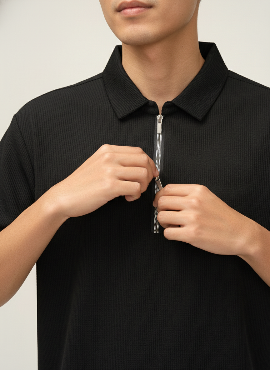 Men’s Jet Black Textured Ribbed Zip Polo T-Shirt