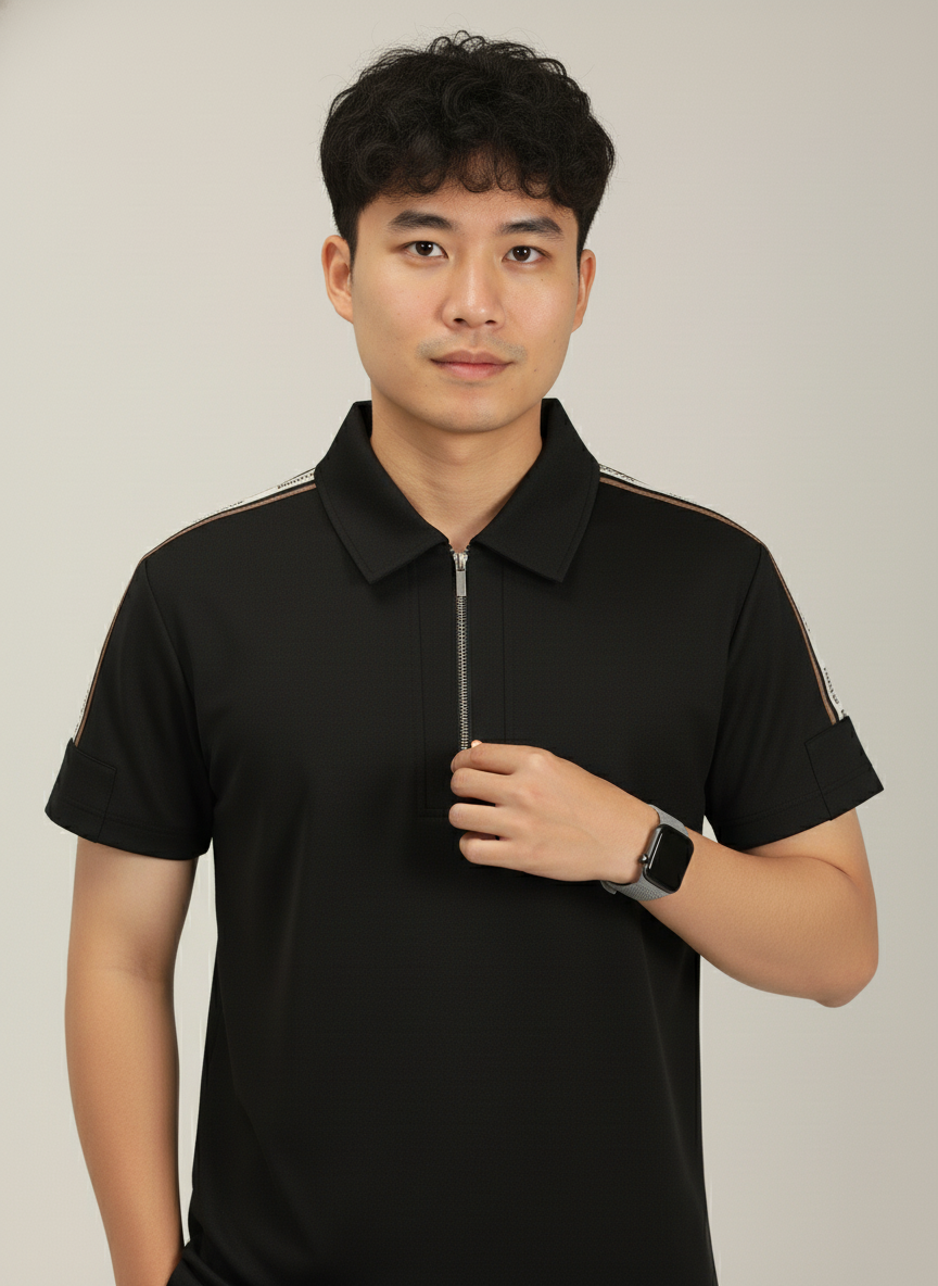 Men's Jet Black Premium Shoulder-Stripe Zip Polo T-Shirt