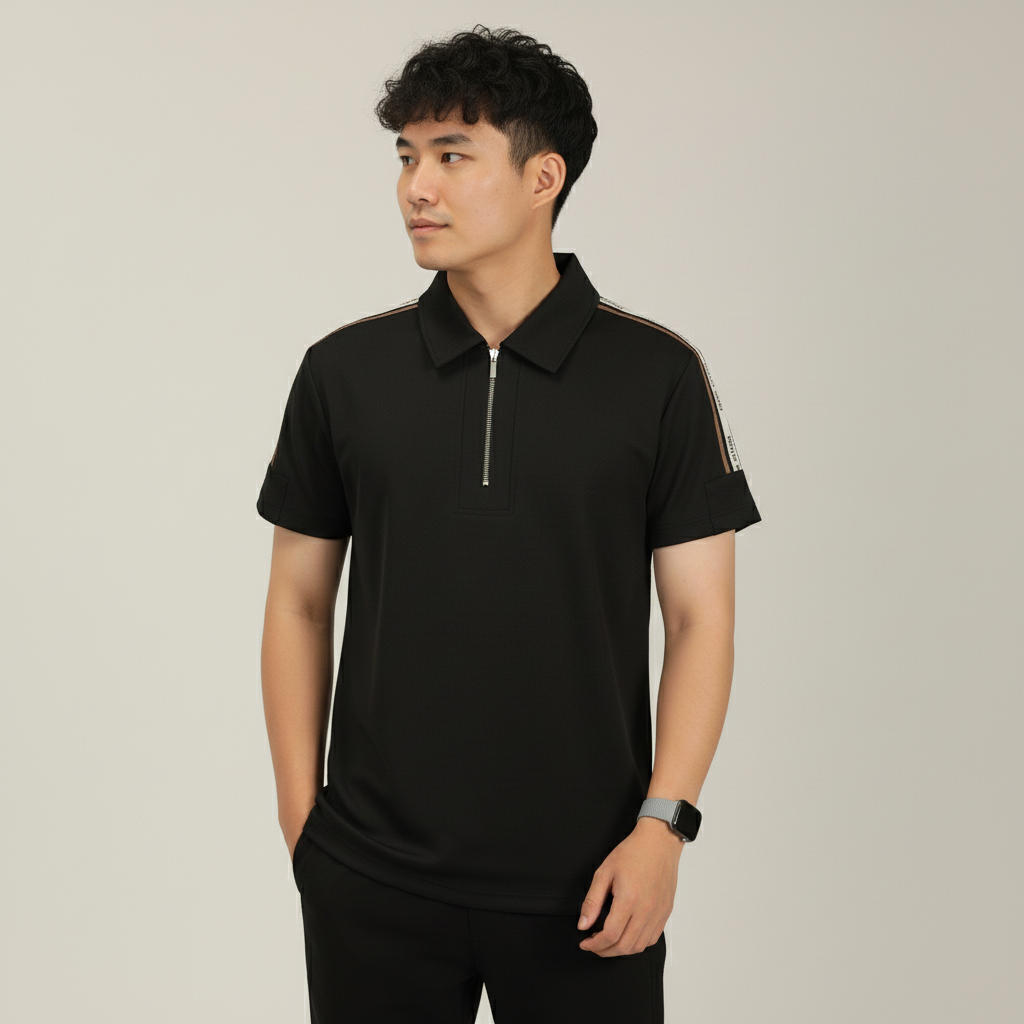 Men's Jet Black Premium Shoulder-Stripe Zip Polo T-Shirt