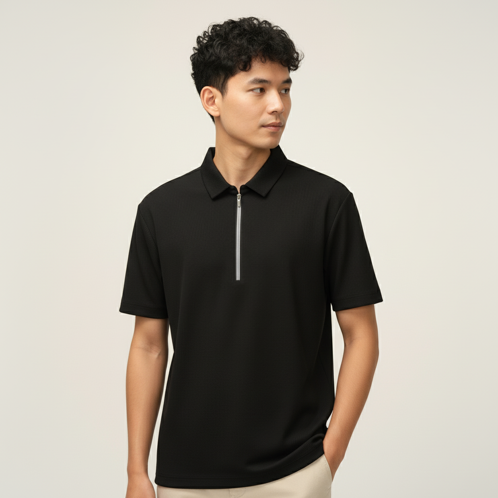 Men’s Jet Black Textured Ribbed Zip Polo T-Shirt