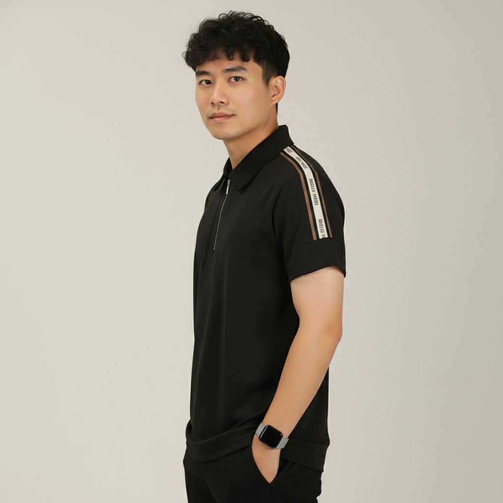 Men's Jet Black Premium Shoulder-Stripe Zip Polo T-Shirt