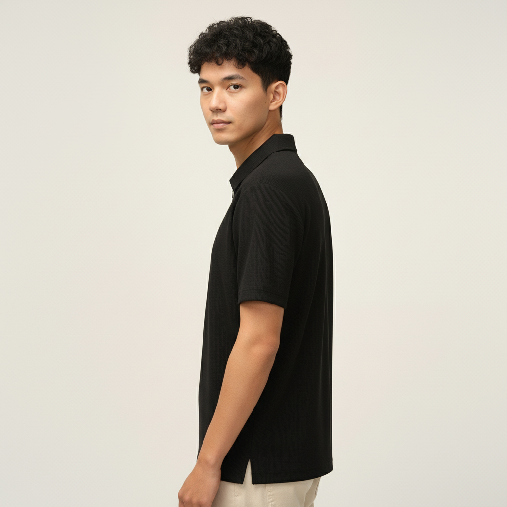 Men’s Jet Black Textured Ribbed Zip Polo T-Shirt
