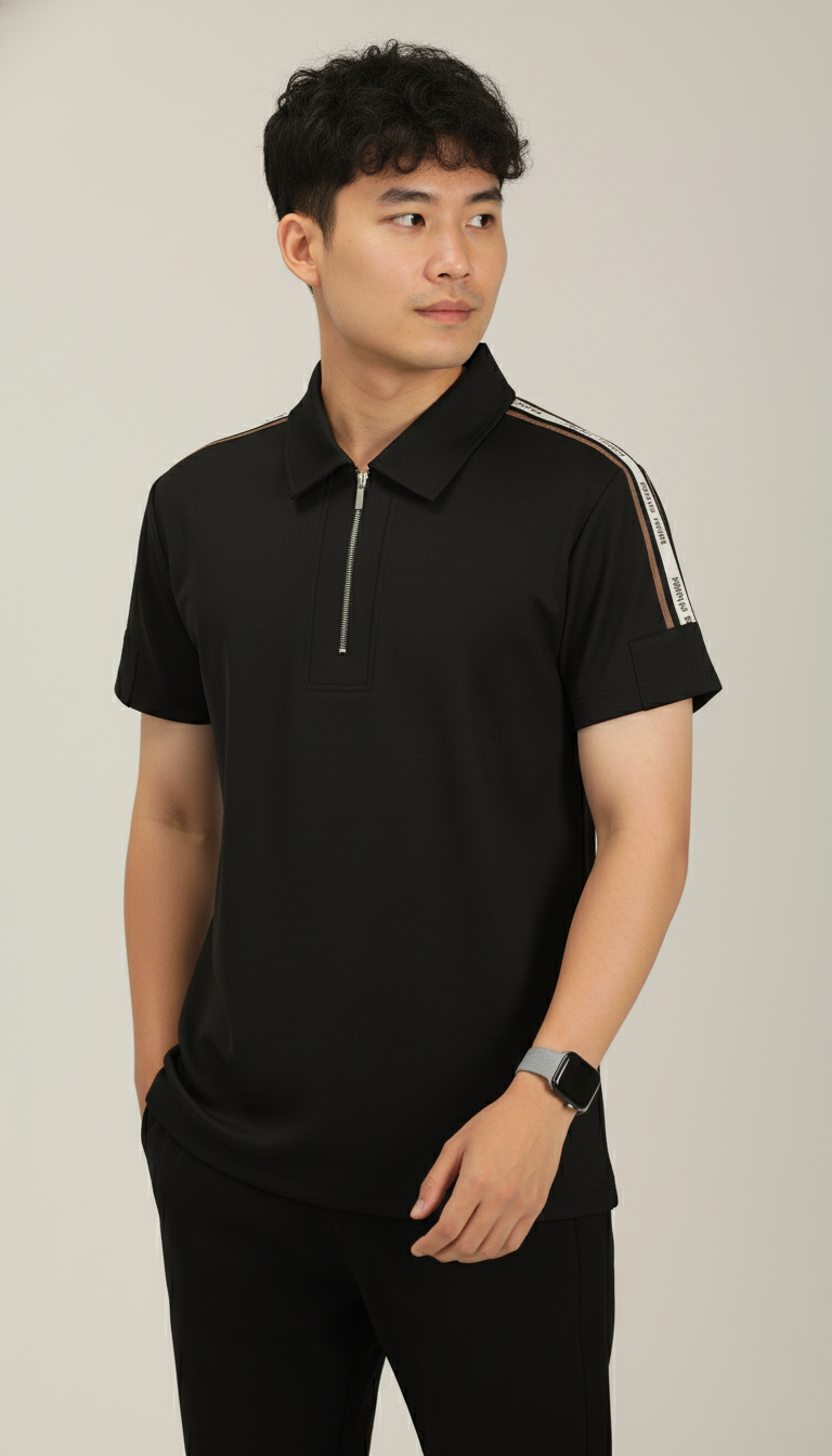 Men's Jet Black Premium Shoulder-Stripe Zip Polo T-Shirt