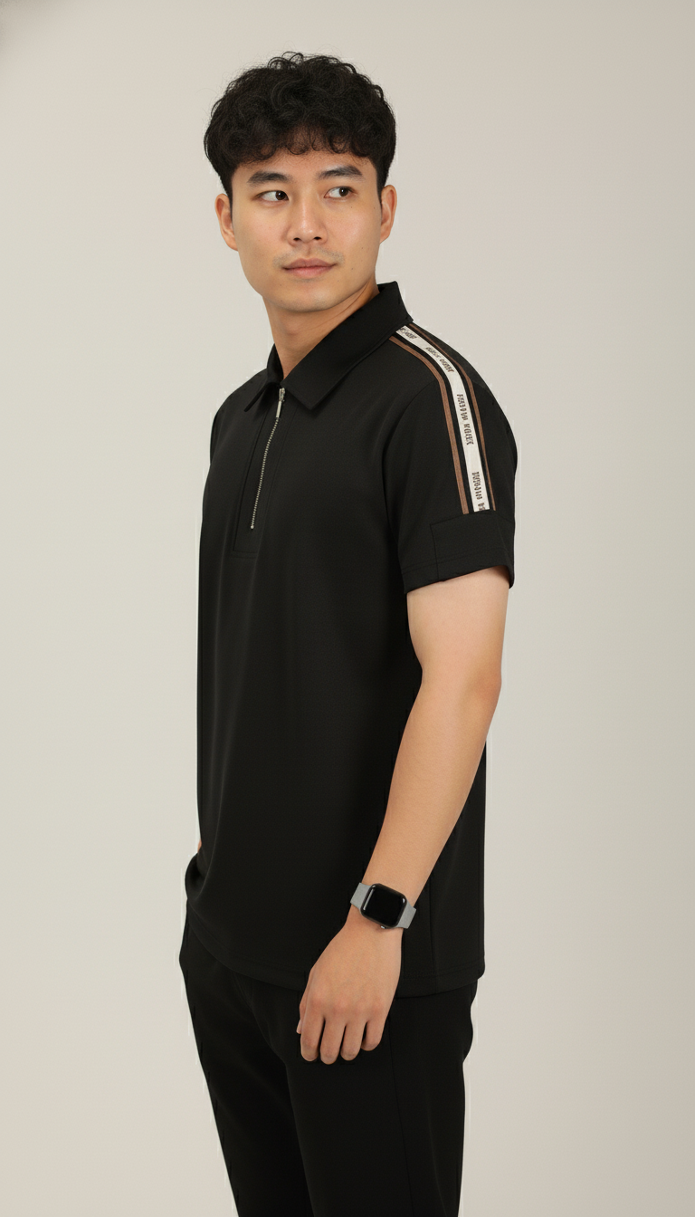 Men's Jet Black Premium Shoulder-Stripe Zip Polo T-Shirt
