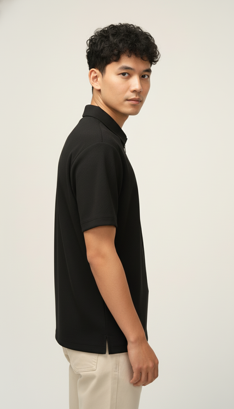 Men’s Jet Black Textured Ribbed Zip Polo T-Shirt