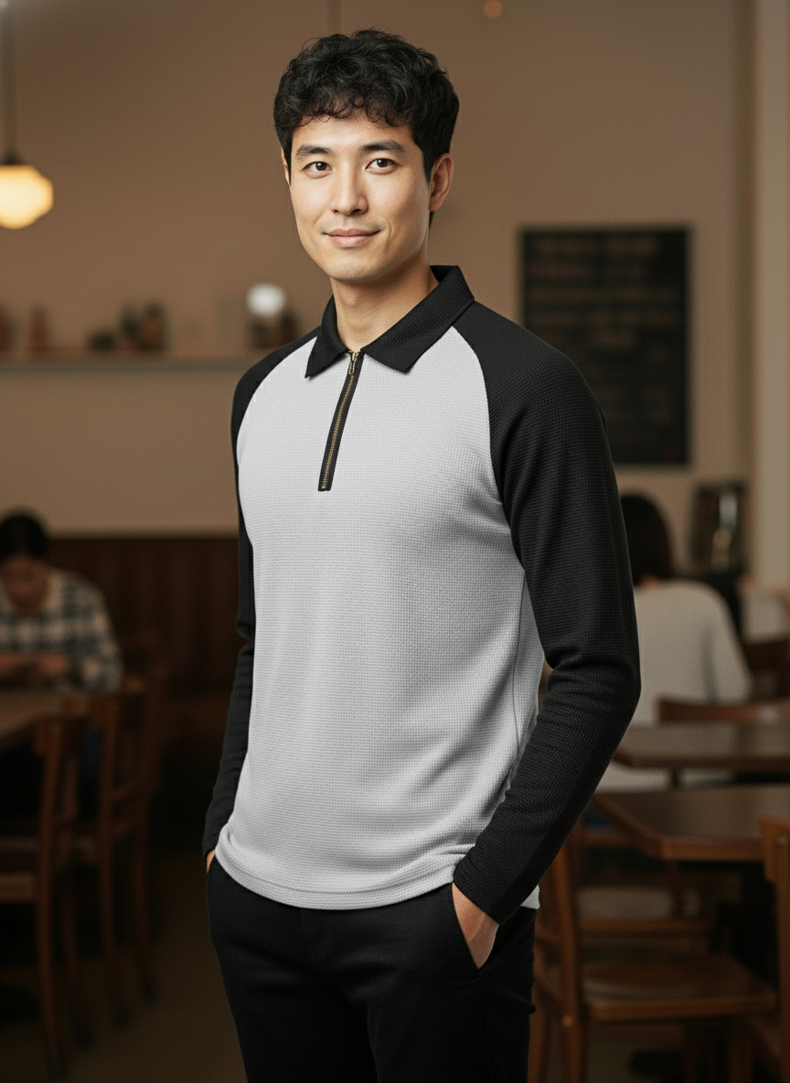 Men’s Light Gray & Black Waffle Knit Quarter-Zip Long Sleeve Polo T-shirt