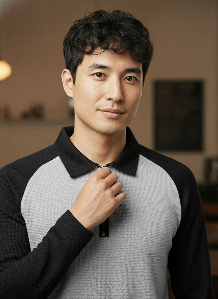 Men’s Light Gray & Black Waffle Knit Quarter-Zip Long Sleeve Polo T-shirt