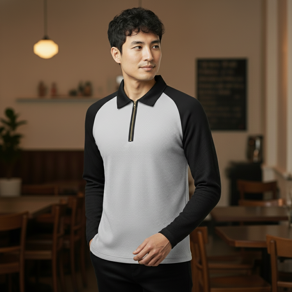 Men’s Light Gray & Black Waffle Knit Quarter-Zip Long Sleeve Polo T-shirt