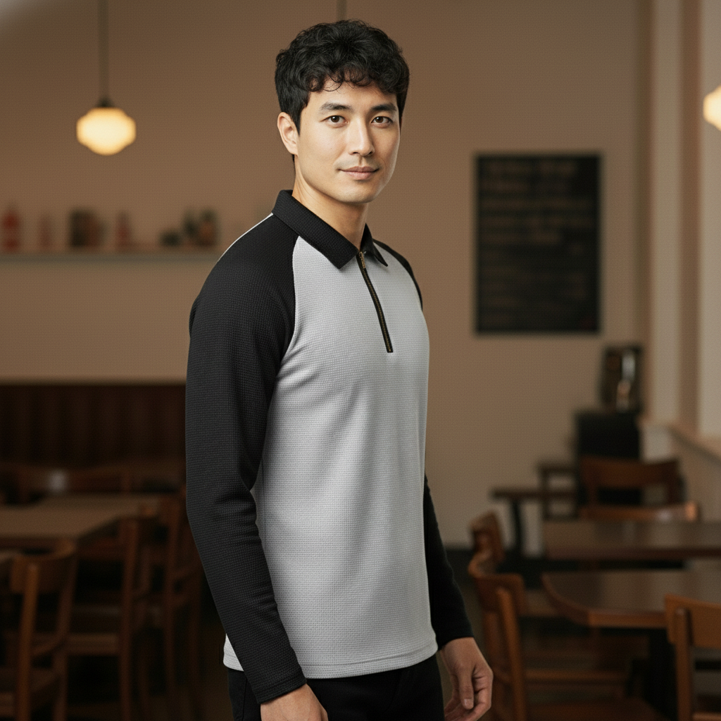 Men’s Light Gray & Black Waffle Knit Quarter-Zip Long Sleeve Polo T-shirt