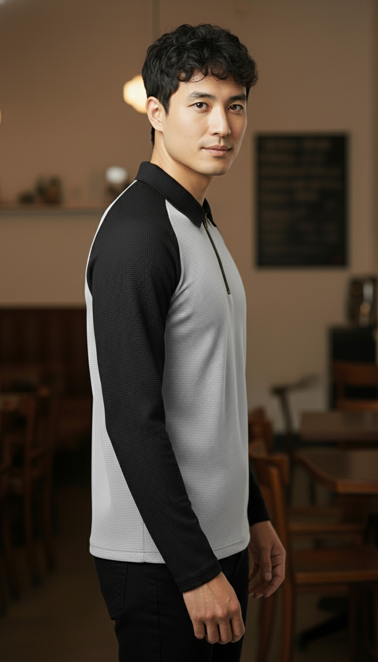 Men’s Light Gray & Black Waffle Knit Quarter-Zip Long Sleeve Polo T-shirt