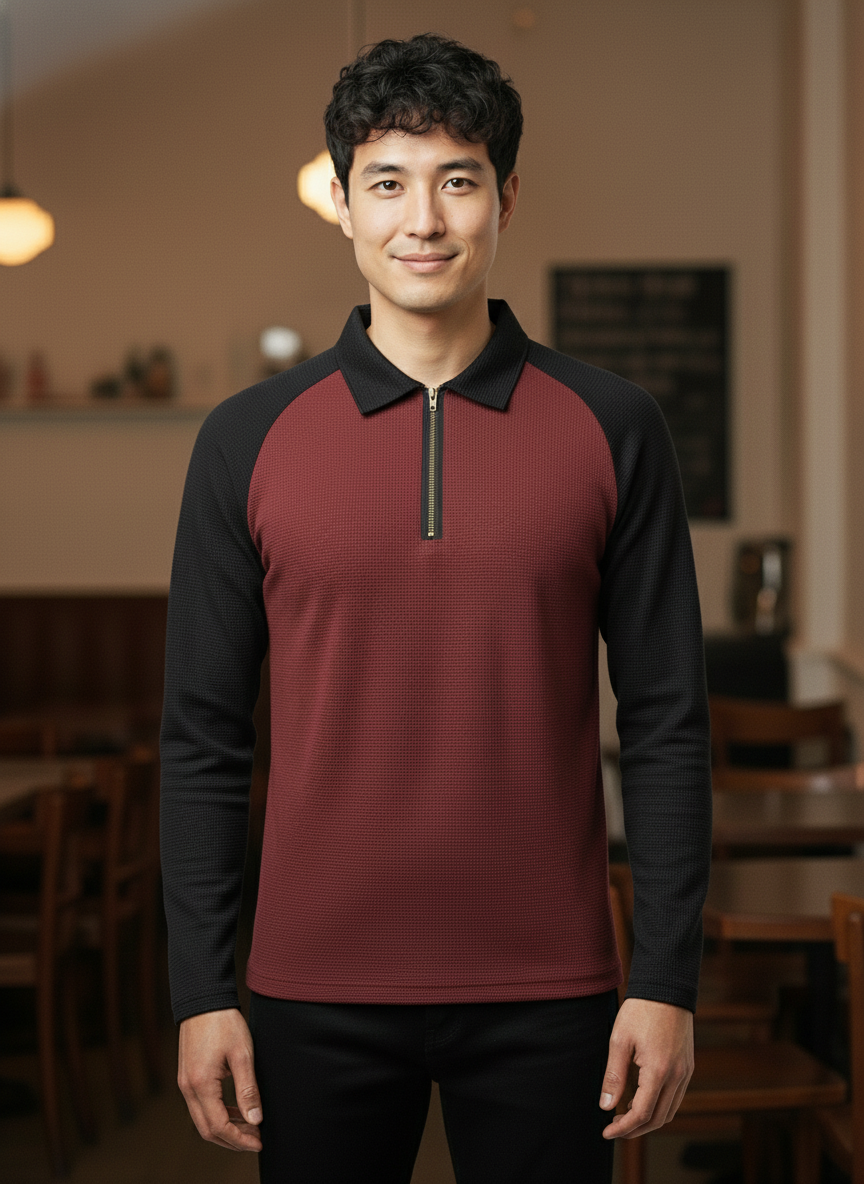 Men’s Black & Maroon Waffle Knit Quarter-Zip Long Sleeve Polo T-shirt