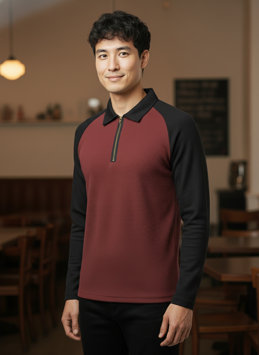 Men’s Black & Maroon Waffle Knit Quarter-Zip Long Sleeve Polo T-shirt